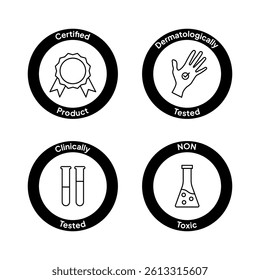 Certified, dermatologically and clinically tested and non toxic product icons