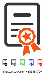 Pictograma vectorial plano certificado Diploma con versiones coloreadas. Variantes de icono con diploma certificado en color con negro, gris, verde, azul, rojo.