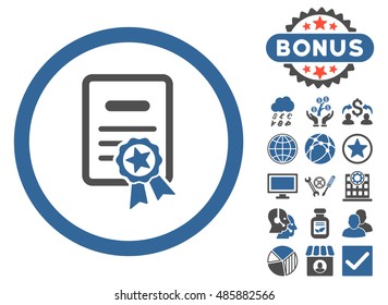 Certified Diploma icon with bonus elements. Vector illustration style is flat iconic bicolor symbols, cobalt and gray colors, white background.