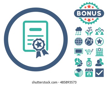 Certified Diploma icon with bonus images. Vector illustration style is flat iconic bicolor symbols, cobalt and cyan colors, white background.