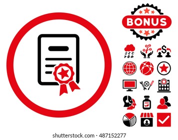 Certified Diploma icon with bonus pictogram. Vector illustration style is flat iconic bicolor symbols, intensive red and black colors, white background.