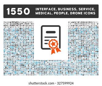 Certified Diploma and other web interface, business tools, people poses, medical service vector icons. Style is flat symbols, bicolored, rounded angles, white background.