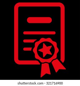 Certified Diploma vector icon. Style is flat symbol, red color, rounded angles, black background.