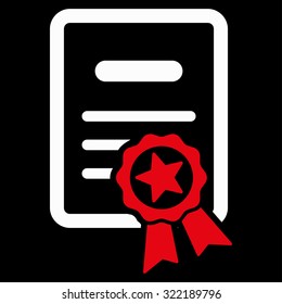Certified Diploma vector icon. Style is bicolor flat symbol, red and white colors, rounded angles, black background.