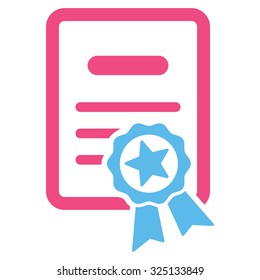 Certified Diploma vector icon. Style is bicolor flat symbol, pink and blue colors, rounded angles, white background.