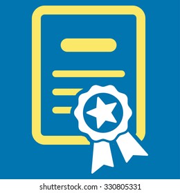 Certified Diploma vector icon. Style is bicolor flat symbol, yellow and white colors, rounded angles, blue background.