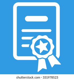 Certified Diploma vector icon. Style is flat symbol, white color, rounded angles, blue background.