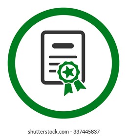 Certified Diploma vector icon. Style is bicolor flat rounded symbol, green and gray colors, rounded angles, white background.