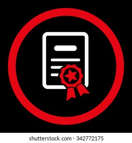 Certified Diploma vector icon. Style is bicolor flat rounded symbol, red and white colors, rounded angles, black background.