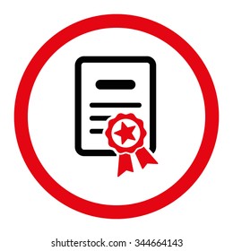 Certified Diploma vector icon. Style is bicolor flat rounded symbol, intensive red and black colors, rounded angles, white background.