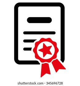 Certified Diploma vector icon. Style is bicolor flat symbol, intensive red and black colors, rounded angles, white background.