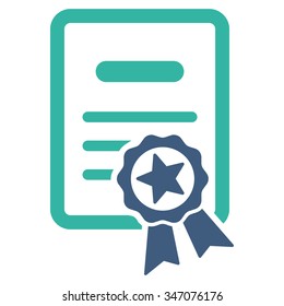 Certified Diploma vector icon. Style is bicolor flat symbol, cobalt and cyan colors, rounded angles, white background.