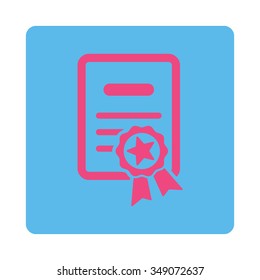 Certified Diploma vector icon. Style is flat rounded square button, pink and blue colors, white background.