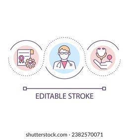Certified doctor loop concept icon. Medical specialist. Professional physician. Diploma in medicine abstract idea thin line illustration. Isolated outline drawing. Editable stroke. Arial font used