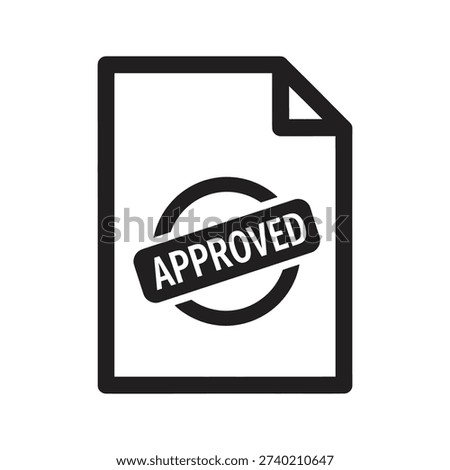Certified document approval icon showing paper file with approved stamp representing legal permission valid license confirmed deal