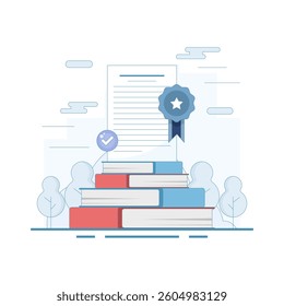 Certified Document Concept. Document with Approved Badge. Standard, quality control or certified approval, company policy or compliance. Flat Design illustration on background.