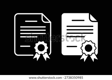 Certified Document Icons. Certificate File with Badge. Approved Certificate File Icons, Document with Ribbon Badge. verification verified document seal certificate authentication badge. Quality Stamp