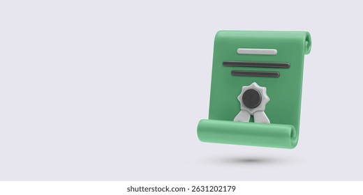 Rolagem de documento certificado com selo oficial em estilo mínimo 3D, paleta de cores verde e cinza, ideal para uso legal, empresarial ou acadêmico. Ilustração de vetor
