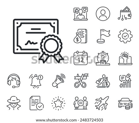 Certified document sign. Salaryman, gender equality and alert bell outline icons. Certificate line icon. Medal or stamp symbol. Certificate line sign. Spy or profile placeholder icon. Vector