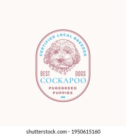 Certified Dog Breeder Frame Badge or Logo Template. Hand Drawn Cockapoo Puppy Face Sketch with Retro Typography and Borders. Vintage Premium Emblem. Isolated.