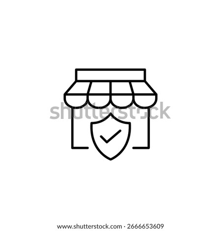 Certified e-commerce safety, safe online shopping. Store, shield and checkmark. Pixel perfect, editable stroke vector icon
