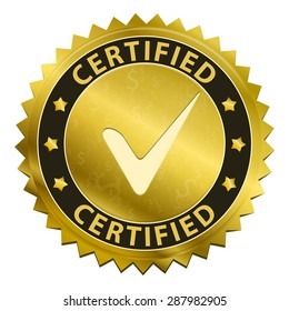 Certified gold label with tick icon isolated on white background. Vector illustration