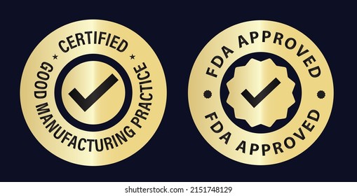 'certified good manufacturing practice' and 'Fda approved' vector icons isolated on dark background