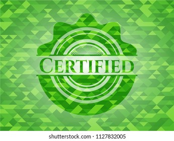 Certified green emblem. Mosaic background