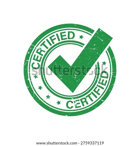 Certified green seal stamp with check mark icon for organic product validation and professional industry compliance