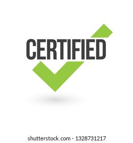 Certified green stamp with tick icon isolated on white background. Vector illustration.