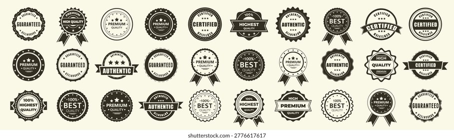 Certified guarantee badge collection in monochrome. Set of stamps, seals and quality assurance labels with vintage style typography