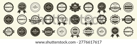 Certified guarantee badge collection in monochrome. Set of stamps, seals and quality assurance labels with vintage style typography