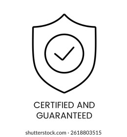 Ícone de escudo certificado e garantido que representa a garantia de qualidade em produtos de cama e travesseiro usados para rótulos de confiança e ícone de linha de embalagem em vetor com traço editável.