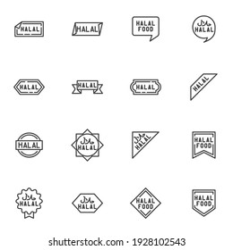 Certified halal food line icons set, outline vector symbol collection, linear style pictogram pack. Signs, logo illustration. Set includes icons as halal food sticker, price tag, quality award label