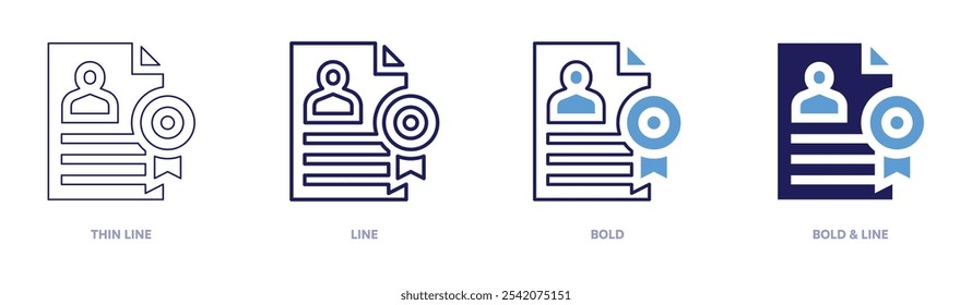 Icono certificado en 4 estilos diferentes. Línea delgada, línea, negrita y línea negrita. Estilo duotono. Trazo editable.