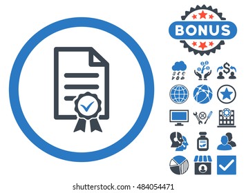 Certified icon with bonus pictures. Vector illustration style is flat iconic bicolor symbols, smooth blue colors, white background.