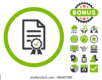 Certified icon with bonus pictures. Vector illustration style is flat iconic bicolor symbols, eco green and gray colors, white background.