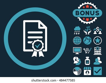 Certified icon with bonus symbols. Vector illustration style is flat iconic bicolor symbols, blue and white colors, dark blue background.