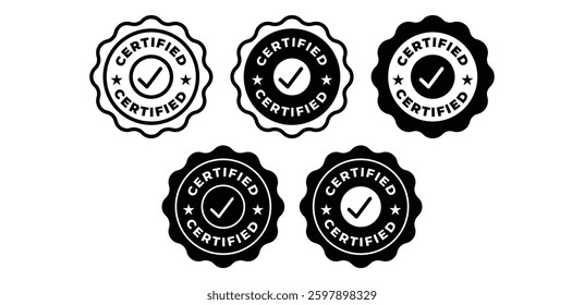Certified Icon Check Mark Seals Set Black and White Color Vector Design Illustration Template