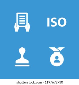 Certified icon. collection of 4 certified filled icons such as holding document, stamp, iso. editable certified icons for web and mobile.