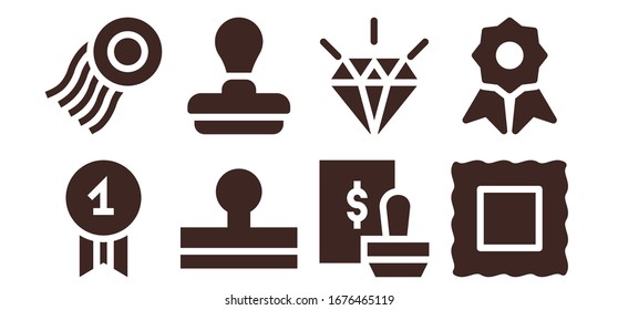 certified icon set. 8 filled certified icons. Included Quality, Stamp icons
