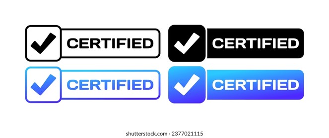 Iconos certificados. Distintos estilos, iconos certificados, marca de verificación, botón certificado. Iconos del vector
