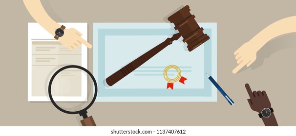 Certified legal auditor lawyer education paper. gavel on paper symbol of law. vector flat illustration