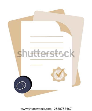 Certified Legal Document With Seal In Flat Vector Illustration Symbolizing Agreement, Contract, And Official Paperwork, Isolated On White Background