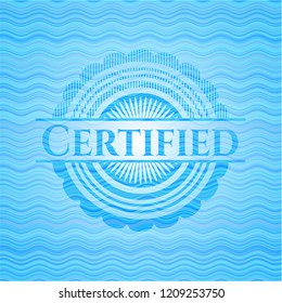 Certified light blue water wave badge background.
