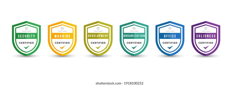 Certified logo badge shield design for company training badge certificates to determine based on criteria. Set bundle certify with colorful security vector illustration.