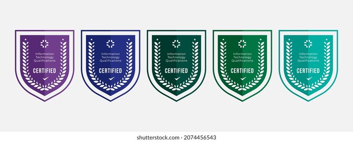 Certified logo badge shield design for company training badge certificates to information technology qualified certified. Set bundle certify with colorful security vector illustration.