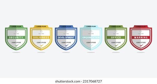 Certified logo badge shield design for company training badge certificates to determine based on criteria. Set bundle certify with colorful security vector illustration