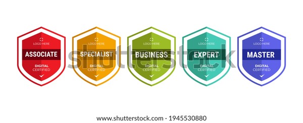 Certified logo badge shield\
design for company training badge certificates to determine based\
on criteria. Set bundle certify with colorful security vector\
illustration.