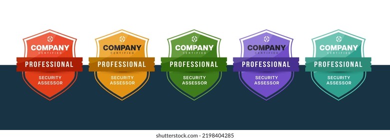 Certified logo shield badge. Security assessor sign certificate design. Vector professional logo mark.